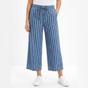 American Eagle Women's Pants 2 Super High Rise Wide Leg Crop Blue Striped Cotton